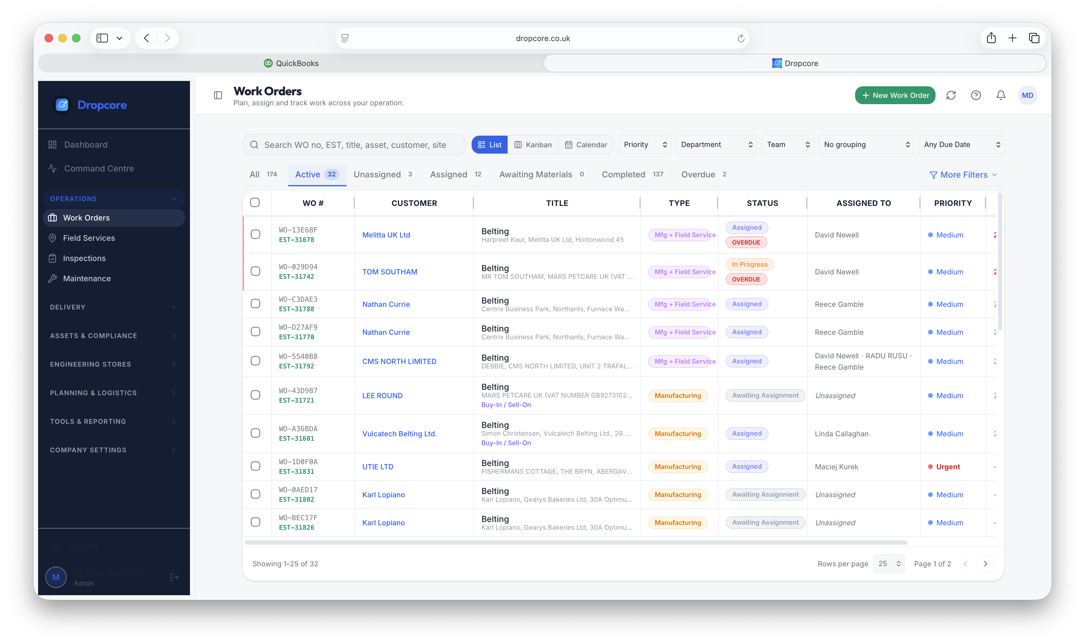 Dropcore Work Orders — live job tracking